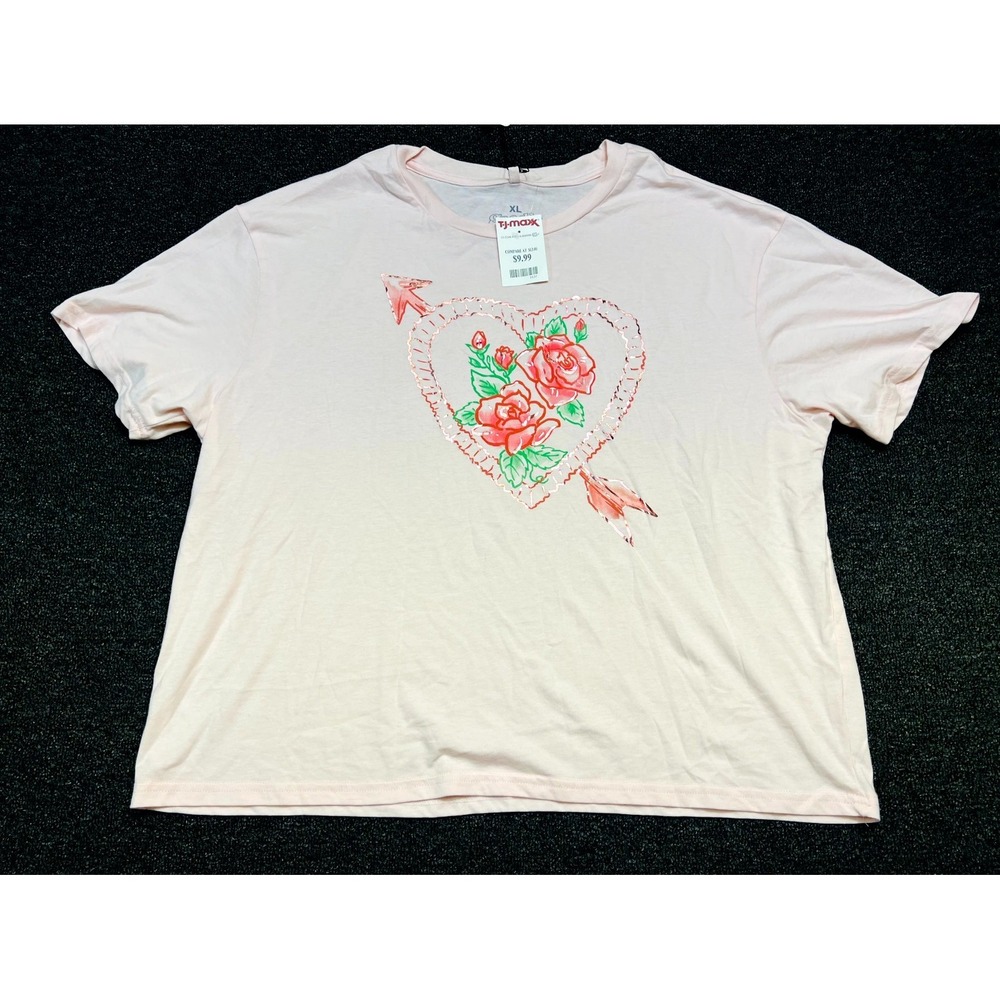 Goodie Two Sleeves T Shirt Womens XL Light Pink Rose Heart Graphic Crew Neck